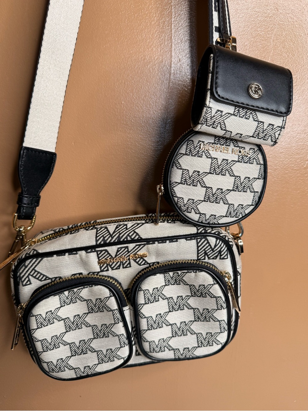Michael Kors Black & White MK Logo Multi-Pouch Crossbody Bag